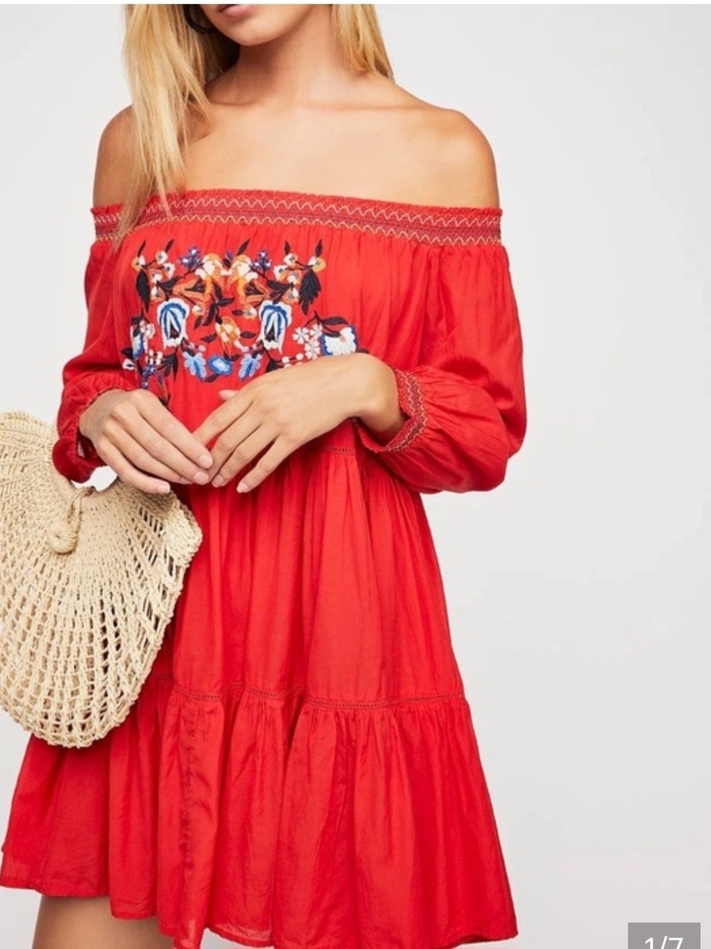 Free People Red Off-Shoulder Embroidered Mini Dress